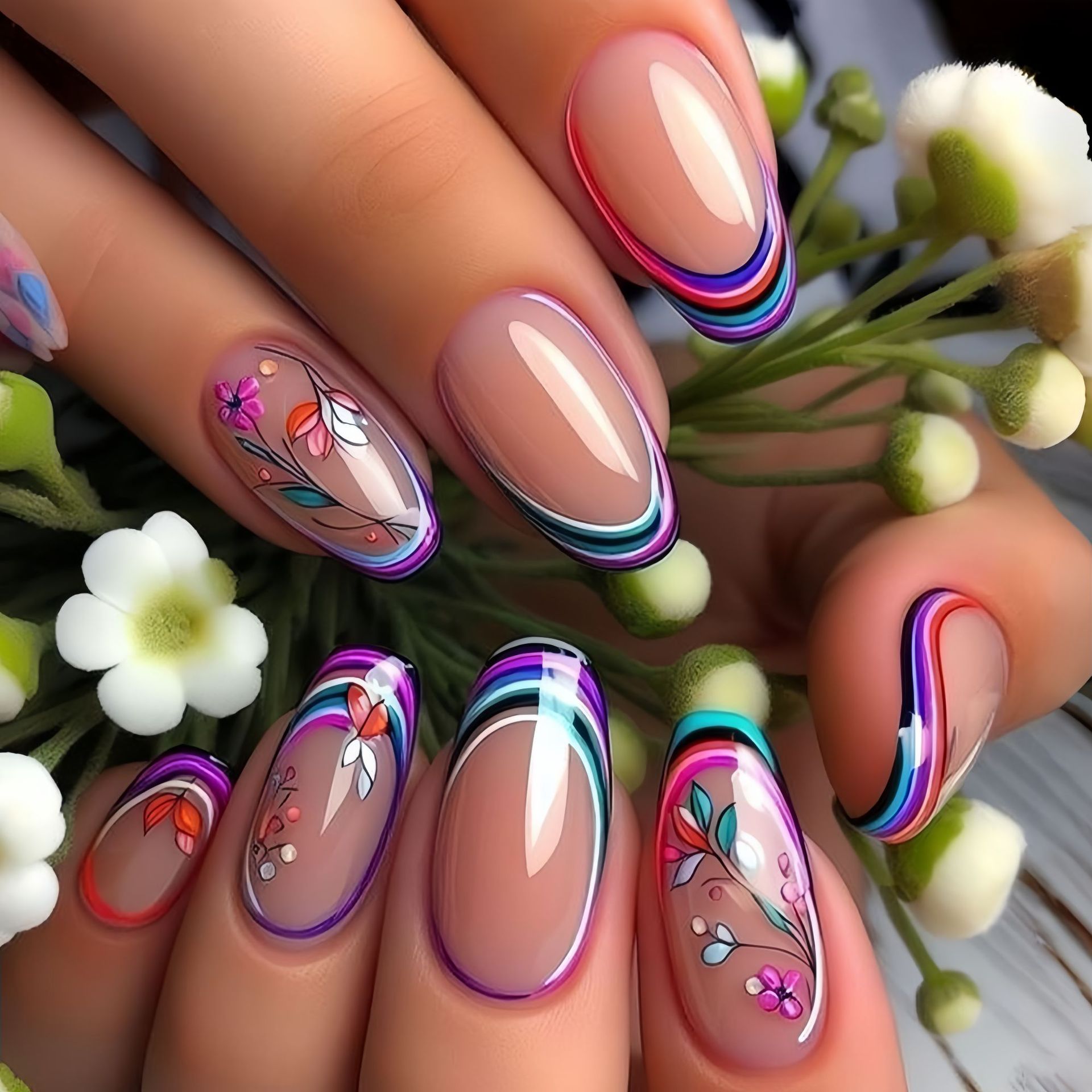 Medium fake nails for women gi - Pressed Flower Art 评论和价格