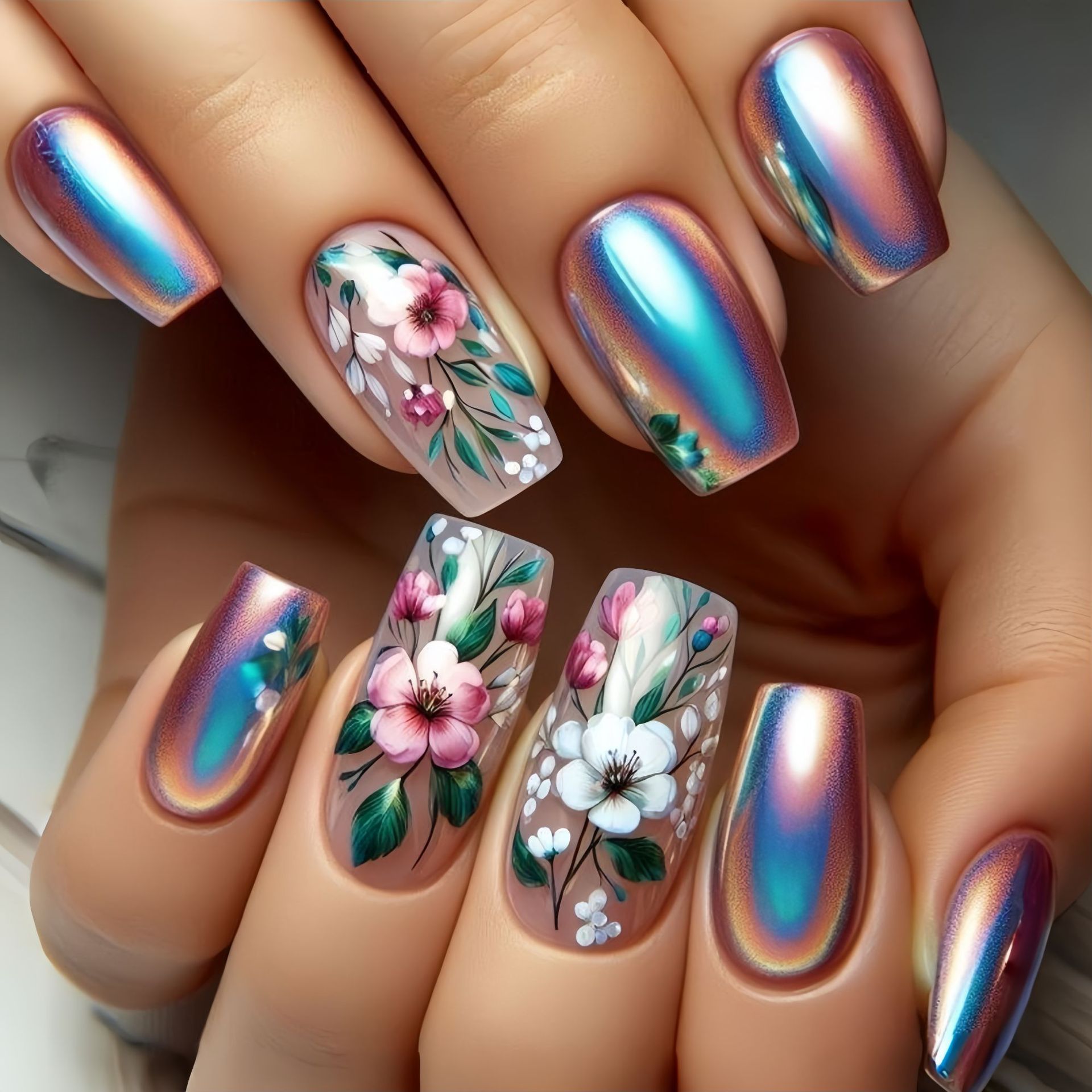 Medium long fake nails for wom - Pressed Flower Art 评论和价格