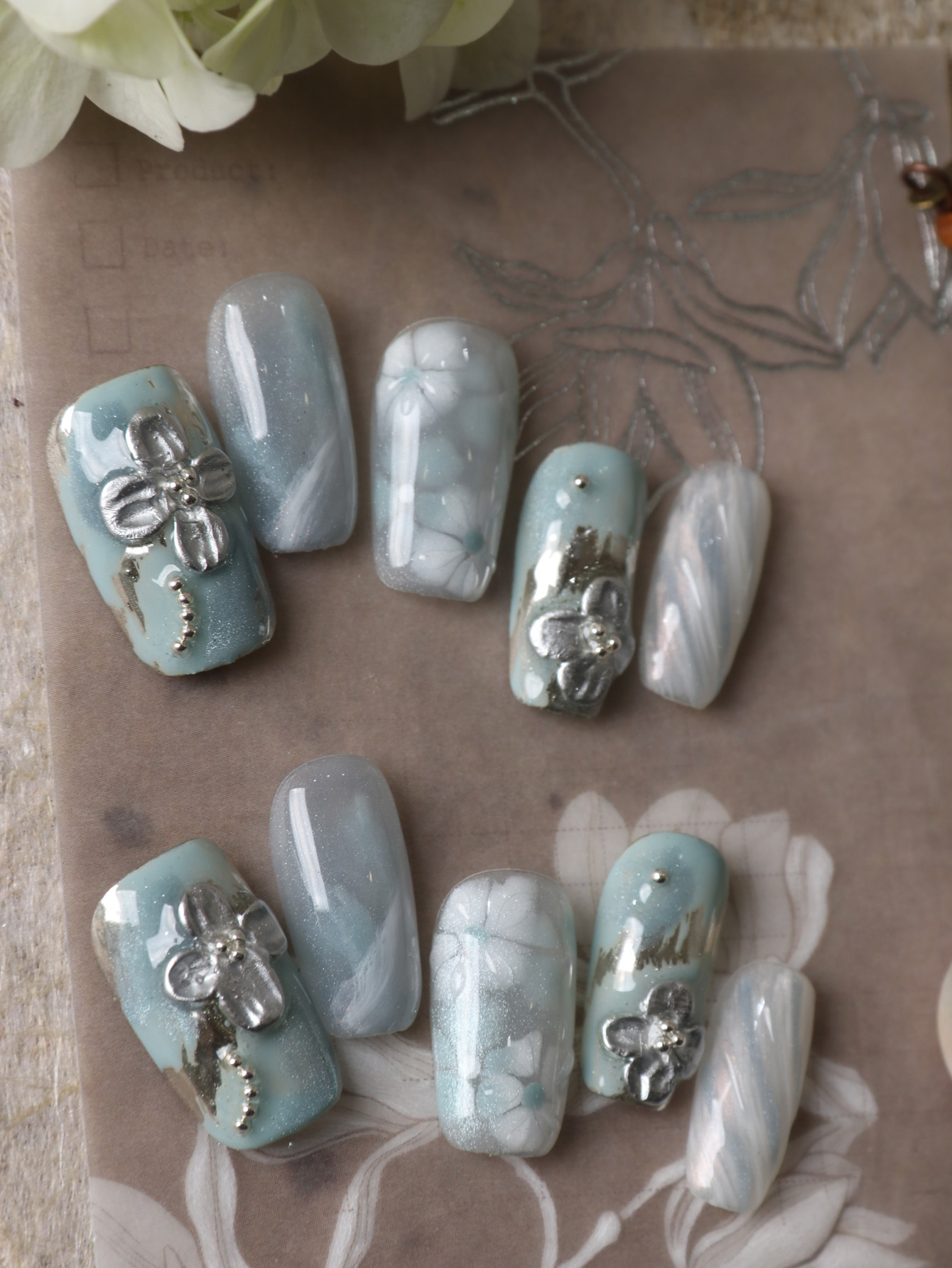 10Pcs Press on Nails Blue Whit - Pressed Flower Art 评论和价格