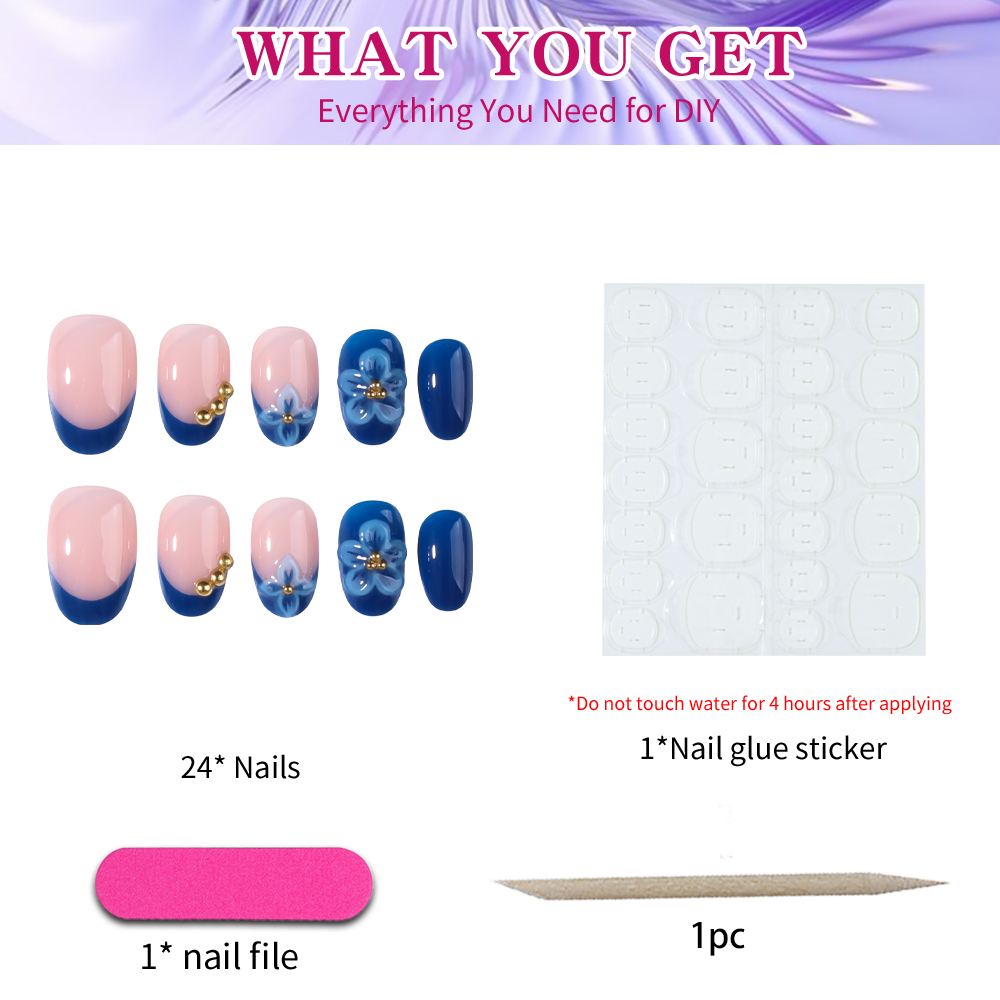 24pcs Short Oval 3D Gel Nail S - Pressed Flower Art 评论和价格