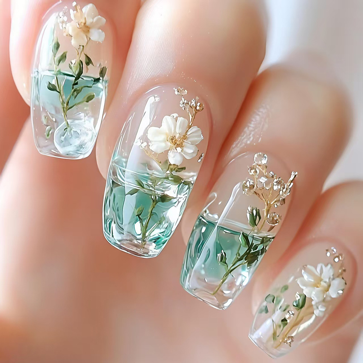 Medium fake nails for women gi - Pressed Flower Art 评论和价格